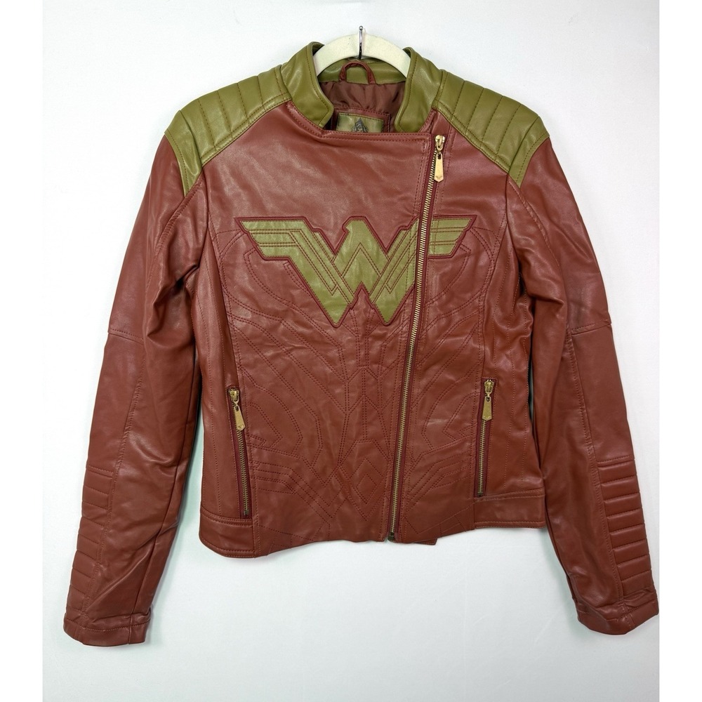 Wonder Woman Robe Factory Faux Leather Moto Zip Jacket Womens Medium Maroon Gold